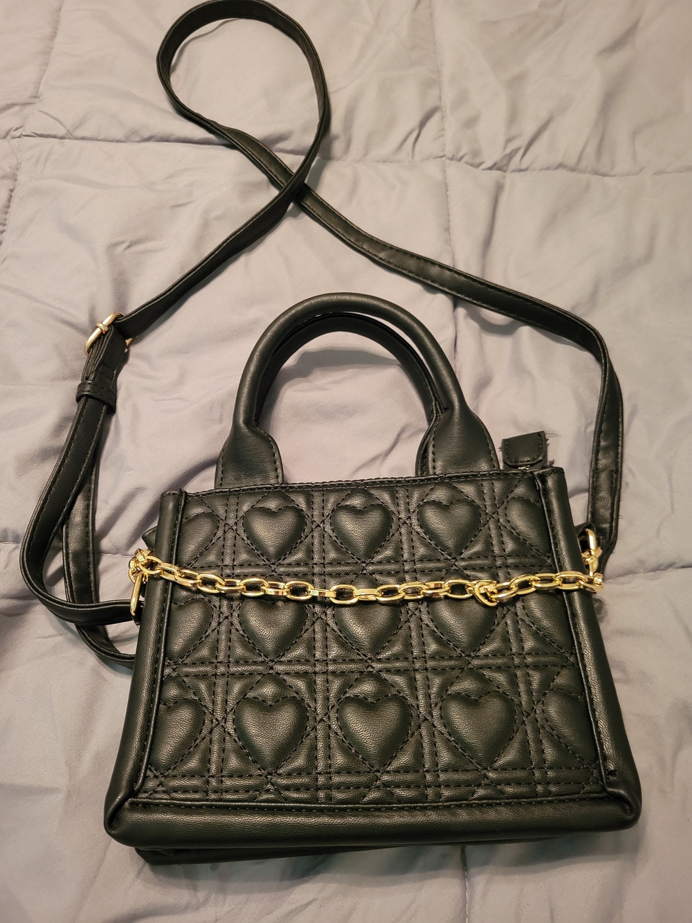 Black Faux Quilted Heart Mini Crossbody Bag with Gold Tone Chain